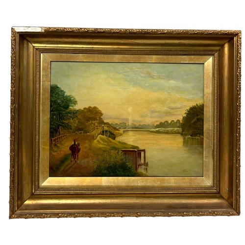 65 - A VICTORIAN OIL ON CANVAS PAINTING, depicting a horse and rider crossing a bridge near a meandering ... 