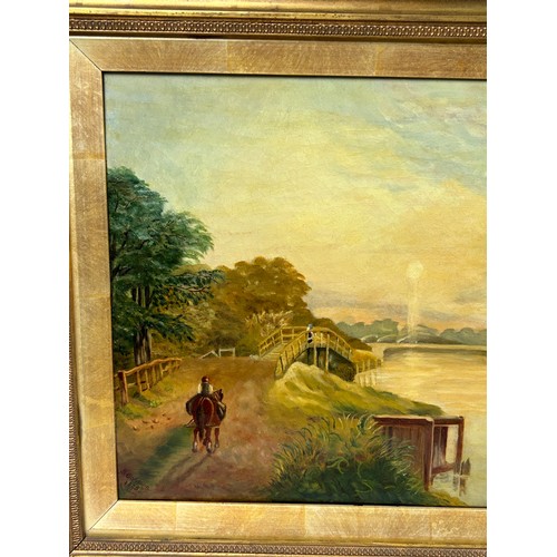 65 - A VICTORIAN OIL ON CANVAS PAINTING, depicting a horse and rider crossing a bridge near a meandering ... 