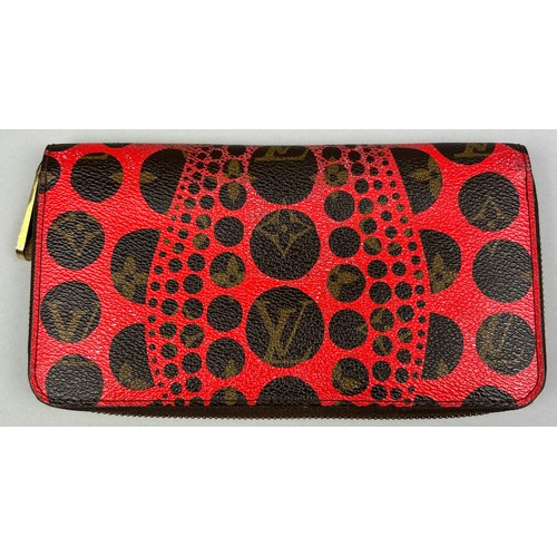 118 - A LOUIS VUITTON X YAYOI KUSAMA WALLET, red and brown monogram leather with zipped inner compartments... 