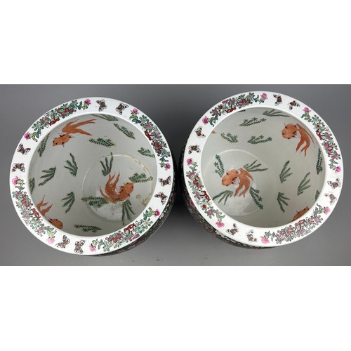 176 - A PAIR OF CHINESE 'TAO KUANG' FAMILLE ROSE CERAMIC JARDINIERES, with fish interior and six character... 