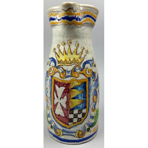 170 - AN ITALIAN CRACKLE GLAZED MAJOLICA JUG, with coat of arms.