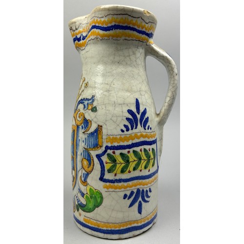 170 - AN ITALIAN CRACKLE GLAZED MAJOLICA JUG, with coat of arms.