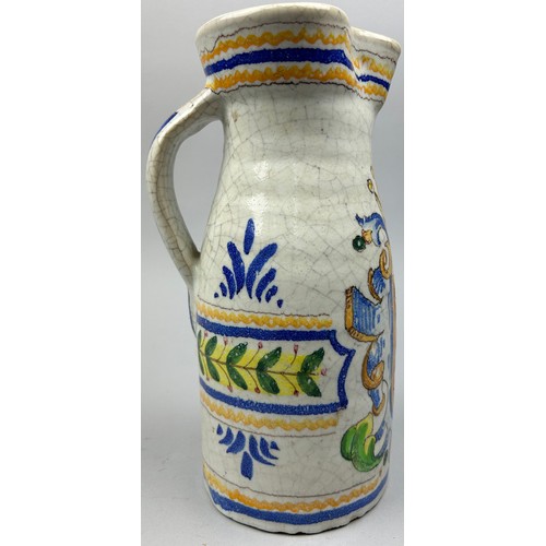 170 - AN ITALIAN CRACKLE GLAZED MAJOLICA JUG, with coat of arms.