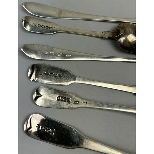 161 - A COLLECTION OF SIX SILVER SPOONS, to include marks for 'LAW', 'T.T', 'W.T' 

One engraved with clas... 