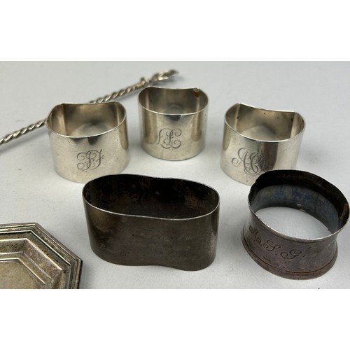 166 - A COLLECTION OF SILVERWARE TO INCLUDE NAPKIN RINGS AND OTHER SILVERWARE, 

Some marked sterling, som... 