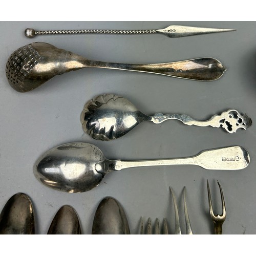 164 - A COLLECTION OF SILVER SPOONS, FORKS AND OTHER SILVERWARE, to include a Tiffany and Co silver fork m... 