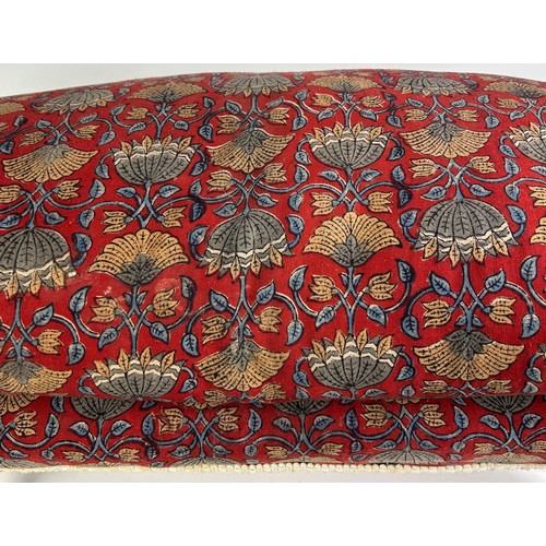 103 - A FOOTSTOOL UPHOLSTERED IN WILLIAM MORRIS STYLE FABRIC WITH FRINGE TASSLED CUSHION