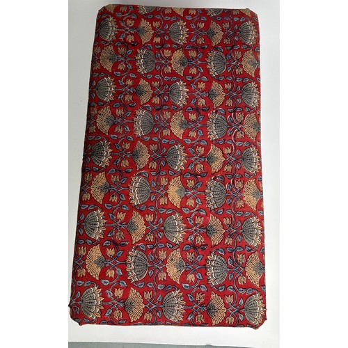 103 - A FOOTSTOOL UPHOLSTERED IN WILLIAM MORRIS STYLE FABRIC WITH FRINGE TASSLED CUSHION