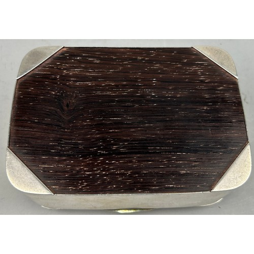 159 - A SILVER MOUNTED WOODEN BOX, with various marks. 

Weight: 460gms