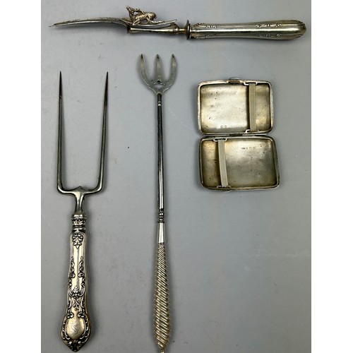 165 - A COLLECTION OF SILVER OR PLATE FORKS AND A SILVER CIGARETTE HOLDER. 

One fork marked sterling, one... 