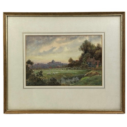 61 - A WATERCOLOUR SCENE OF FIELDS LOOKING TOWARDS A VILLAGE, signed N.P Edwards, mounted in a frame and ... 