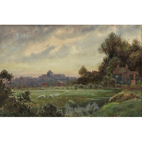 61 - A WATERCOLOUR SCENE OF FIELDS LOOKING TOWARDS A VILLAGE, signed N.P Edwards, mounted in a frame and ... 