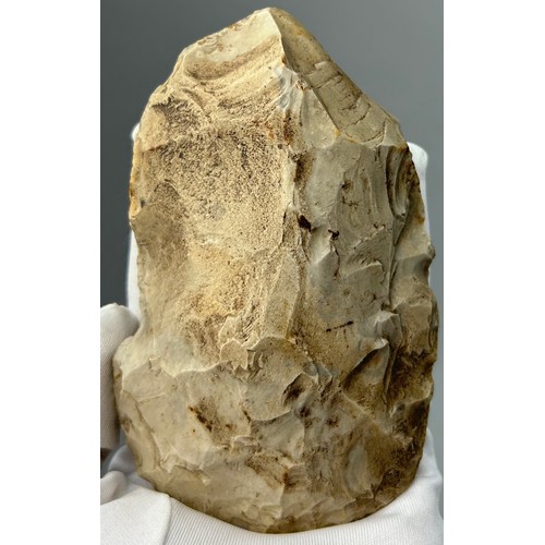 22 - A VERY LARGE PALAEOLITHIC FLINT HAND AXE, found in Suffolk, family collection.