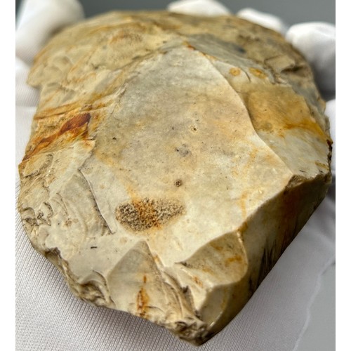 22 - A VERY LARGE PALAEOLITHIC FLINT HAND AXE, found in Suffolk, family collection.