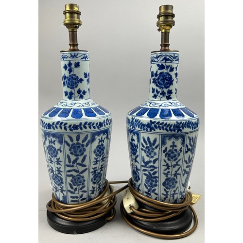 113 - A PAIR OF CHINESE BLUE AND WHITE VASES OF PAINTED FOLIATE DESIGN, adapted into lamps.