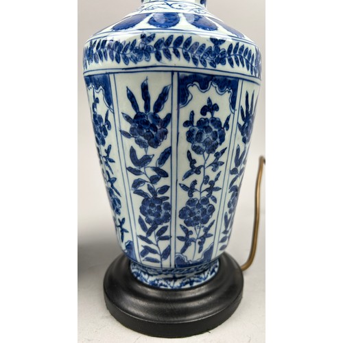 113 - A PAIR OF CHINESE BLUE AND WHITE VASES OF PAINTED FOLIATE DESIGN, adapted into lamps.