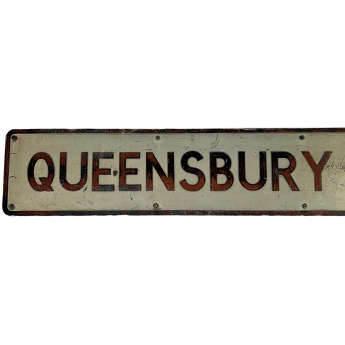 154 - A PAINTED LONDON STREET SIGN FOR 'QUEENSBURY ROAD'

118cm x 23cm