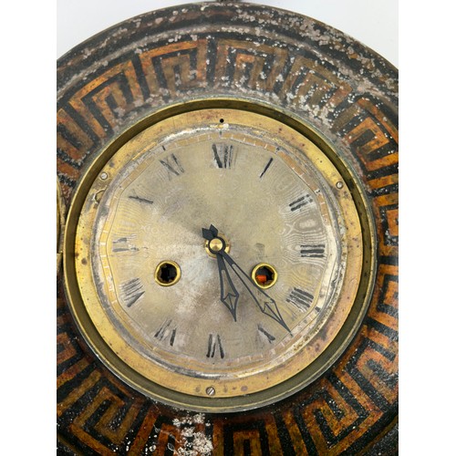 195 - A FRENCH TOLEWARE WALL HANGING CLOCK WITH PAINTED GREEK KEY DECORATION