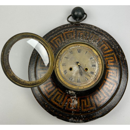 195 - A FRENCH TOLEWARE WALL HANGING CLOCK WITH PAINTED GREEK KEY DECORATION