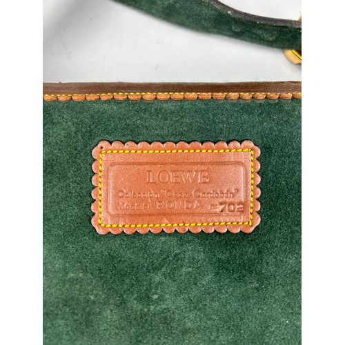 135 - A LOEWE CAZA CARDABON HANDBAG, green suede and brown leather