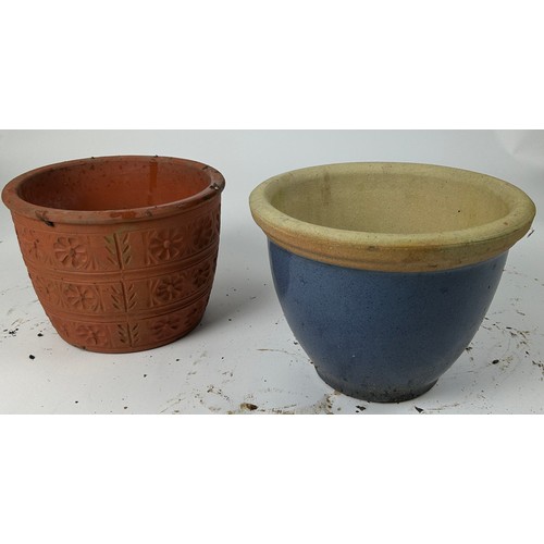 208 - TWO GARDEN PLANTERS, one terracotta and one blue glazed.