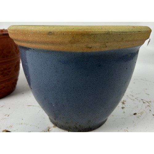 208 - TWO GARDEN PLANTERS, one terracotta and one blue glazed.