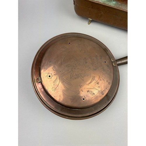 200 - A COPPER BED WARMER AND COPPER TROUGH WITH BLUE AND WHITE CERAMIC HANDLES (2)