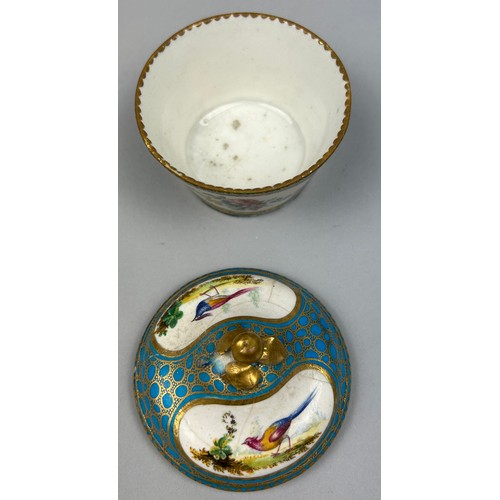 174 - A SEVRES STYLE FRENCH LIDDED JAR POSSIBLY 18TH CENTURY, with a similar tea cup and saucer (3)