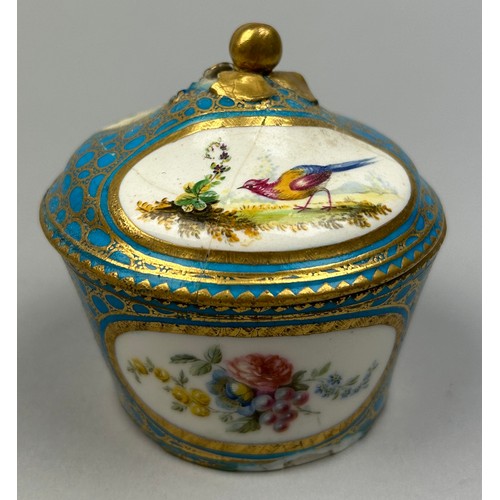 174 - A SEVRES STYLE FRENCH LIDDED JAR POSSIBLY 18TH CENTURY, with a similar tea cup and saucer (3)