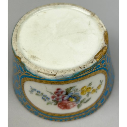 174 - A SEVRES STYLE FRENCH LIDDED JAR POSSIBLY 18TH CENTURY, with a similar tea cup and saucer (3)