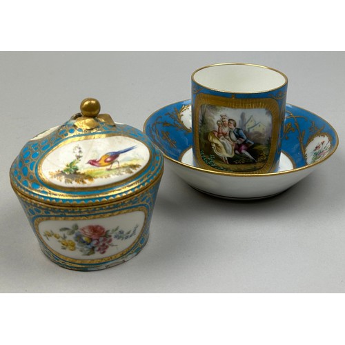 174 - A SEVRES STYLE FRENCH LIDDED JAR POSSIBLY 18TH CENTURY, with a similar tea cup and saucer (3)