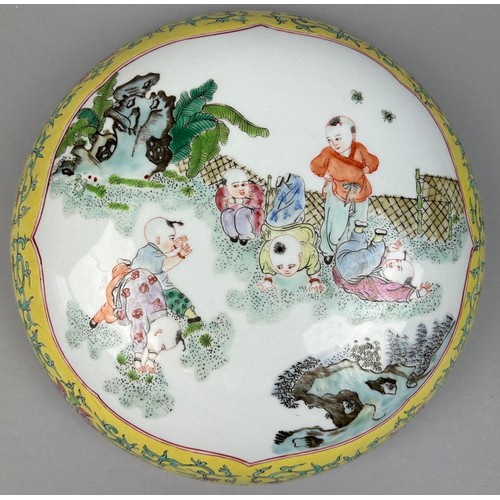 178 - A 20TH CENTURY YELLOW FAMILLE ROSE CHINESE PORCELAIN LIDDED BOWL WITH PAINTED IMAGERY OF CHILDREN PL... 