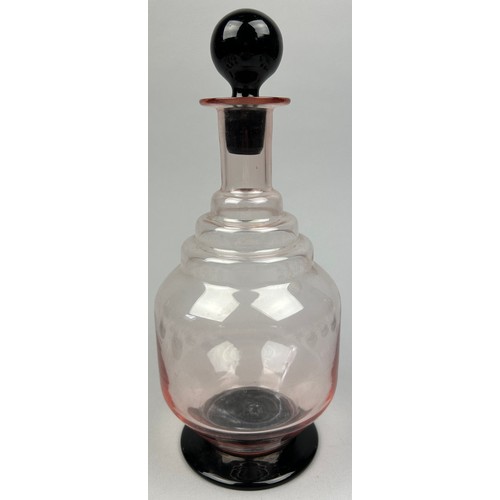 184 - AN ART DECO STYLE ROSE GLASS DECANTER AND GLASSES, consisting of one large decanter, 12 large, 11 me... 