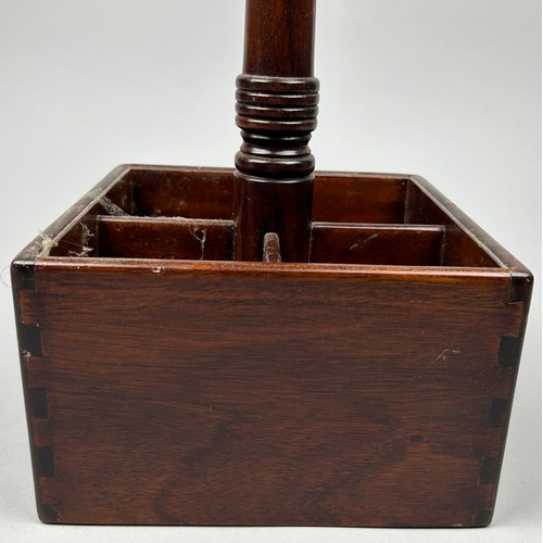 190 - A 19TH CENTURY MAHOGANY BOTTLE HOLDER, for four bottles, with carved fir cone handle.