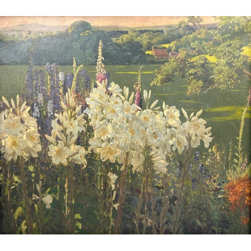 74 - A LARGE OIL ON CANVAS PAINTING OF A FIELD LANDSCAPE WITH FLOWERS, signed indistinctly by 'Ward'