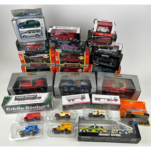 228 - A COLLECTION OF BOXED TOY CARS AND TRUCKS, some die cast to include Burago, New Ray, Eddie Stobart a... 