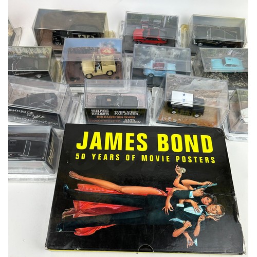 233 - A COLLECTION OF JAMES BOND DIE CAST TOY CARS BY G FABBRI WITH MAGAZINES, along with a book of poster... 