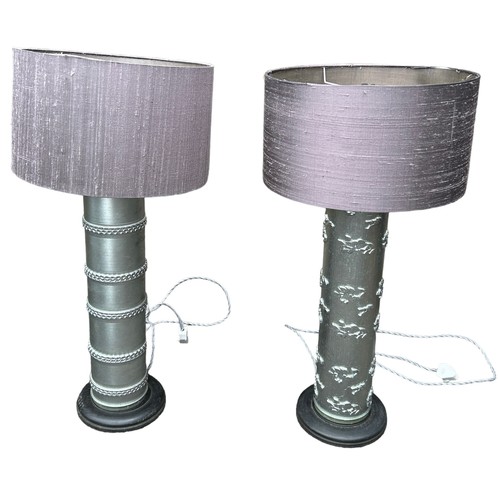 198 - A PAIR OF SILVER PAINTED LAMPS, WITH SHADES

72cm with shades