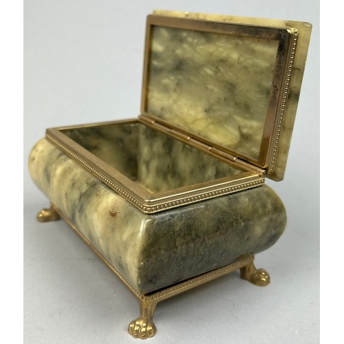 21 - PROPERTY OF A TITLED LADY: A HEAVY ITALIAN ALABASTER JEWELLERY BOX, with gilt metal mounts and lion ... 