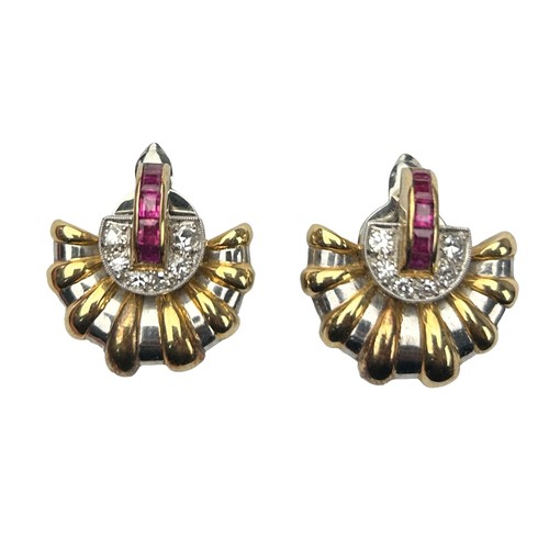 3 - PROPERTY OF A TITLED LADY: A PAIR OF GOLD AND PLATINUM EARRINGS INSET WITH DIAMONDS AND RUBIES, in t... 