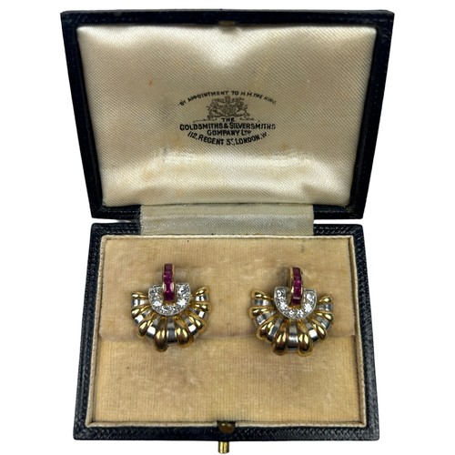 3 - PROPERTY OF A TITLED LADY: A PAIR OF GOLD AND PLATINUM EARRINGS INSET WITH DIAMONDS AND RUBIES, in t...