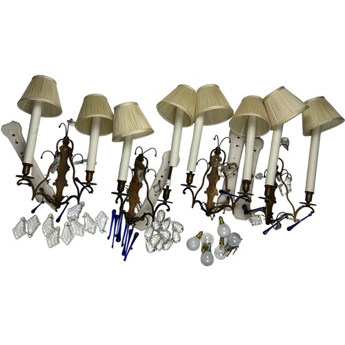 197 - A SET OF FOUR WALL SCONCES, brass with crystal and blue glass drops (4)