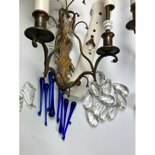 197 - A SET OF FOUR WALL SCONCES, brass with crystal and blue glass drops (4)