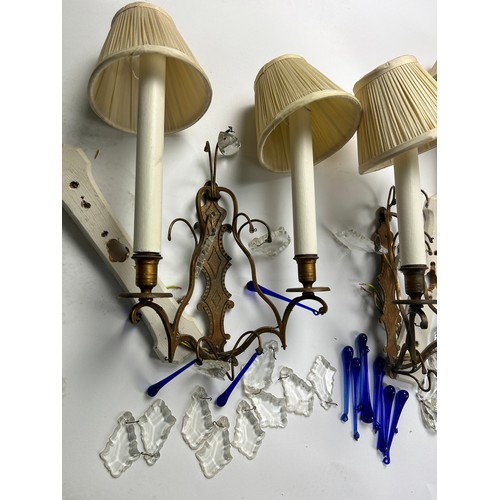 197 - A SET OF FOUR WALL SCONCES, brass with crystal and blue glass drops (4)