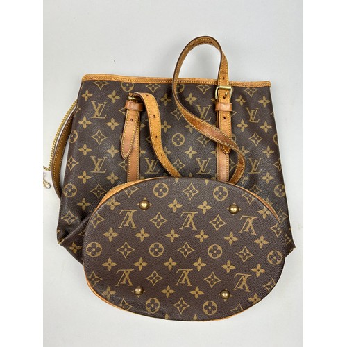 26 - A LOUIS VUITTON BUCKET BAG, brown and tan leather with two buckled straps and LV monogram throughout... 