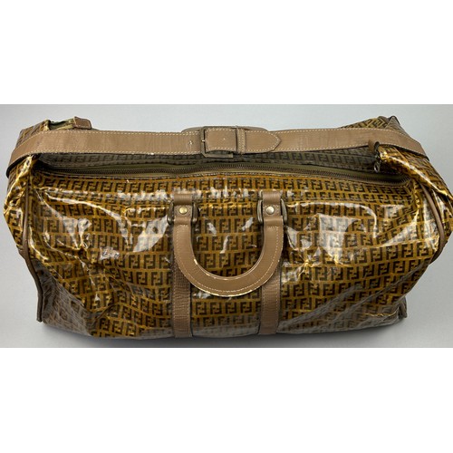 50 - A VINTAGE FENDI 'TOFFEE WRAPPER' DUFFLE BAG, with monogram 'FF' design throughout, two brown leather... 