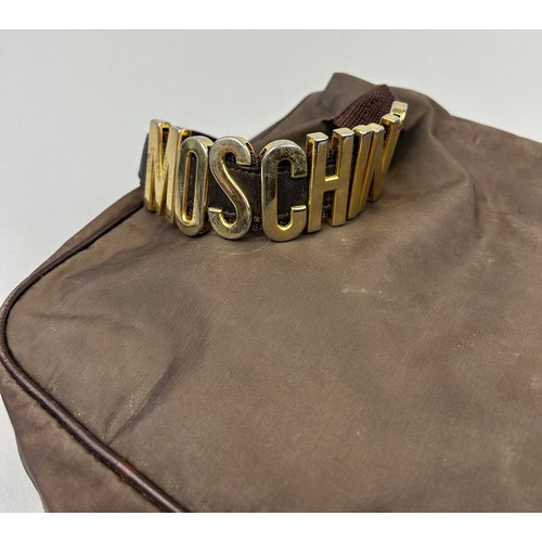 30 - A VINTAGE MOSCHINO SIDE BAG, light brown coloured nylon exterior with brown strap, 'Moschino' gold m... 