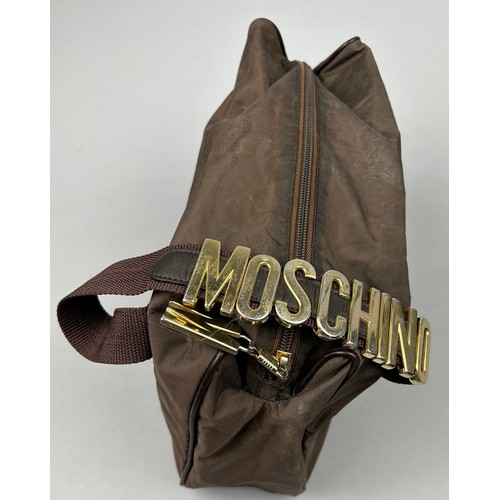 30 - A VINTAGE MOSCHINO SIDE BAG, light brown coloured nylon exterior with brown strap, 'Moschino' gold m... 