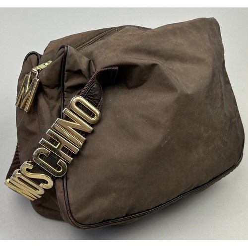 30 - A VINTAGE MOSCHINO SIDE BAG, light brown coloured nylon exterior with brown strap, 'Moschino' gold m... 