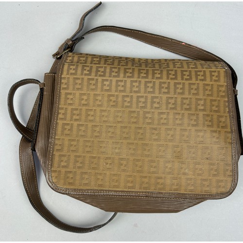 7 - A VINTAGE FENDI SIDE BAG SATCHEL, with 'Zucca print' interlocking 'FF' monogram throughout and brown... 